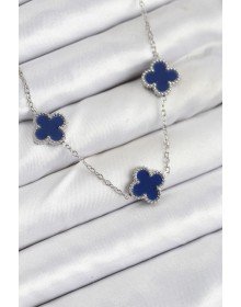 316L Çelik Zincir Gümüş Lacivert Renk Yonca Kadın Kolye