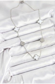 316L Çelik Zincir Gümüş Renk Beyaz ve Zirkon Taşlı Yonca Kadın Kolye