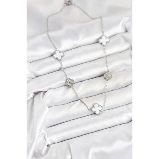 316L Çelik Zincir Gümüş Renk Beyaz ve Zirkon Taşlı Yonca Kadın Kolye 316L Çelik Zincir Gümüş Renk Beyaz ve Zirkon Taşlı Yonca Kadın Kolye