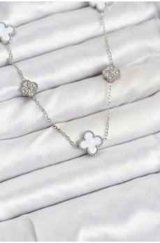 316L Çelik Zincir Gümüş Renk Beyaz ve Zirkon Taşlı Yonca Kadın Kolye