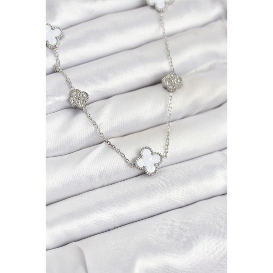 316L Çelik Zincir Gümüş Renk Beyaz ve Zirkon Taşlı Yonca Kadın Kolye 316L Çelik Zincir Gümüş Renk Beyaz ve Zirkon Taşlı Yonca Kadın Kolye