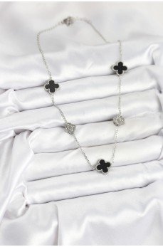 316L Çelik Zincir Gümüş Renk Siyah ve Zirkon Taşlı Yonca Kadın Kolye
