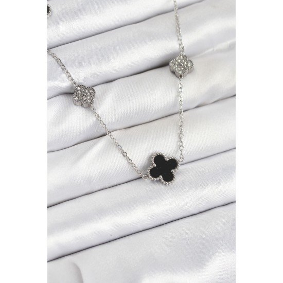 316L Çelik Zincir Gümüş Renk Siyah ve Zirkon Taşlı Yonca Kadın Kolye