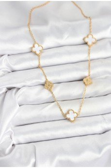 316L Çelik Zincir Gold Renk Beyaz ve Zirkon Taşlı Yonca Kadın Kolye