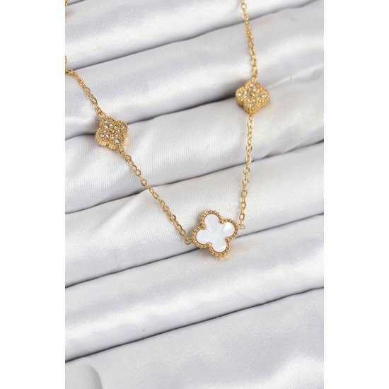 316L Çelik Zincir Gold Renk Beyaz ve Zirkon Taşlı Yonca Kadın Kolye