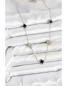 316L Çelik Zincir Gümüş Renk Siyah ve Zirkon Taşlı Baby Boy Yonca Kadın Kolye