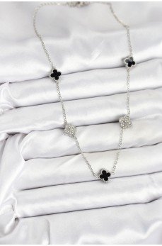 316L Çelik Zincir Gümüş Renk Siyah ve Zirkon Taşlı Baby Boy Yonca Kadın Kolye