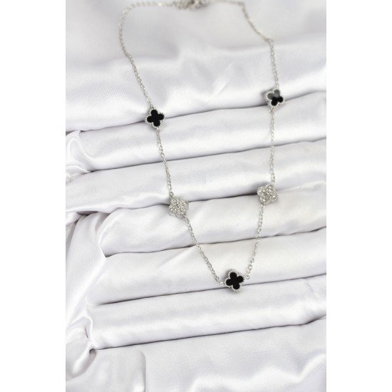 316L Çelik Zincir Gümüş Renk Siyah ve Zirkon Taşlı Baby Boy Yonca Kadın Kolye