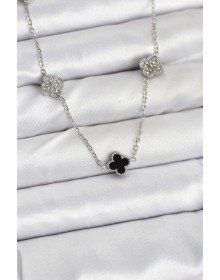 316L Çelik Zincir Gümüş Renk Siyah ve Zirkon Taşlı Baby Boy Yonca Kadın Kolye