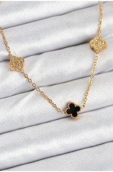 316L Çelik Zincir Gold Renk Siyah ve Zirkon Taşlı Baby Boy Yonca Kadın Kolye