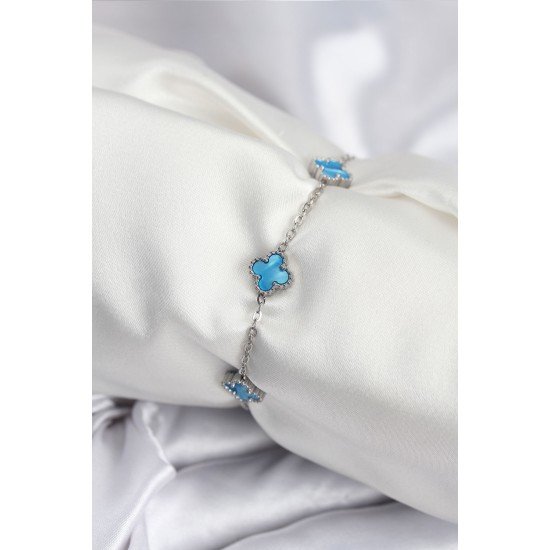 316L Çelik Gümüş Renk Buz Mavisi Baby Boy Yonca Kadın Bileklik