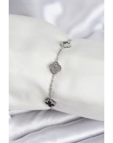 316L Çelik Gümüş Renk Siyah ve Zirkon Taşlı Baby Boy Yonca Kadın Bileklik