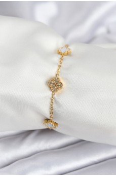 316L Çelik Gold Renk Beyaz ve Zirkon Taşlı Baby Boy Yonca Kadın Bileklik