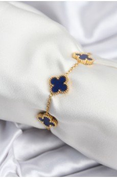 316L Çelik Zincir Gold Renk Lacivert Yonca Kadın Bileklik