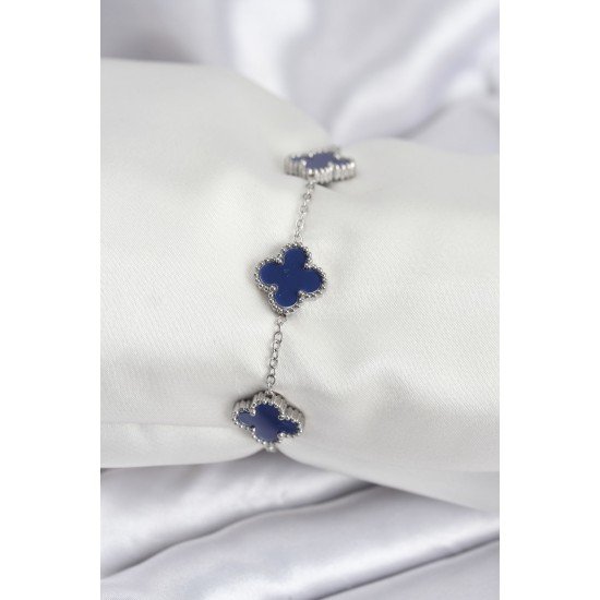 316L Çelik Zincir Gümüş Renk Lacivert Yonca Kadın Bileklik 316L Çelik Zincir Gümüş Renk Lacivert Yonca Kadın Bileklik