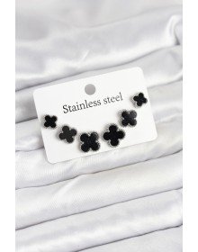 316L Çelik Gümüş Siyah Renk 3 Boy Yonca Küpe Seti