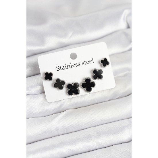 316L Çelik Gümüş Siyah Renk 3 Boy Yonca Küpe Seti 316L Çelik Gümüş Siyah Renk 3 Boy Yonca Küpe Seti