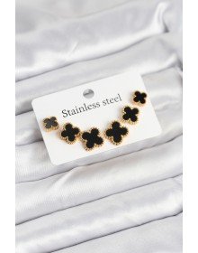 316L Çelik Gold Siyah Renk 3 Boy Yonca Küpe Seti