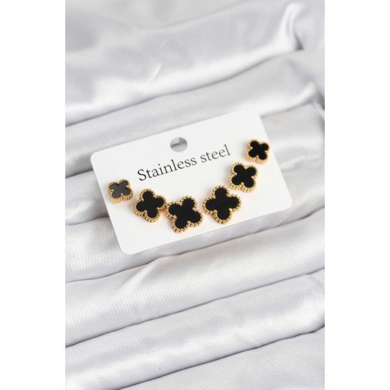 316L Çelik Gold Siyah Renk 3 Boy Yonca Küpe Seti