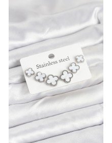 316L Çelik Gümüş Beyaz Renk 3 Boy Yonca Küpe Seti