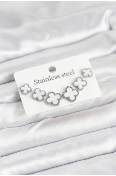 316L Çelik Gümüş Beyaz Renk 3 Boy Yonca Küpe Seti