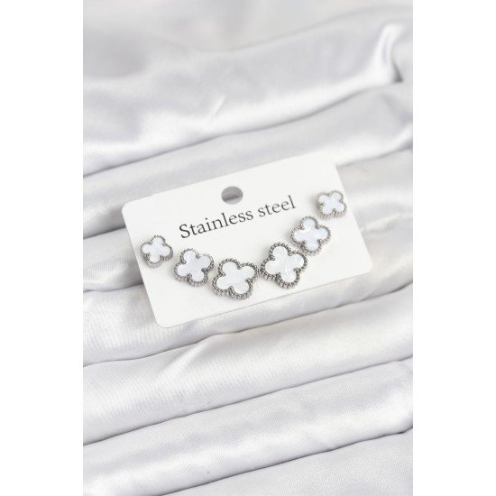 316L Çelik Gümüş Beyaz Renk 3 Boy Yonca Küpe Seti 316L Çelik Gümüş Beyaz Renk 3 Boy Yonca Küpe Seti