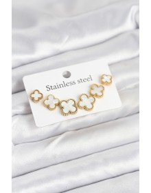 316L Çelik Gold Beyaz Renk 3 Boy Yonca Küpe Seti