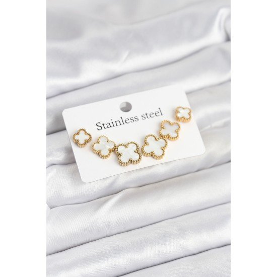 316L Çelik Gold Beyaz Renk 3 Boy Yonca Küpe Seti 316L Çelik Gold Beyaz Renk 3 Boy Yonca Küpe Seti