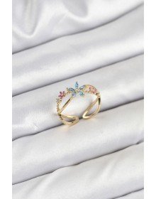 Pirinç Gold Renk Zirkon Taşlı Mavi Çiçekli Kadın Yüzük
