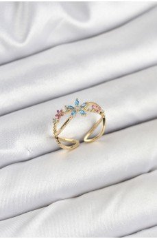 Pirinç Gold Renk Zirkon Taşlı Mavi Çiçekli Kadın Yüzük