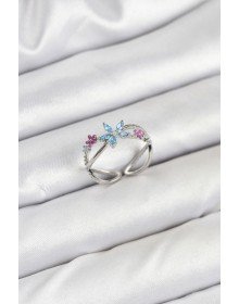 Pirinç Gümüş Renk Zirkon Taşlı Mavi Çiçekli Kadın Yüzük