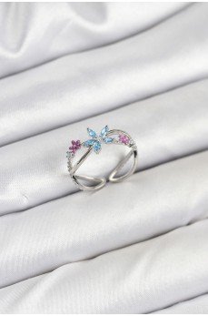 Pirinç Gümüş Renk Zirkon Taşlı Mavi Çiçekli Kadın Yüzük