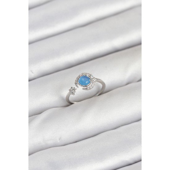 Pirinç Gümüş Renk Zirkon Taşlı Ay Yıldız Kadın Yüzük Pirinç Gümüş Renk Zirkon Taşlı Ay Yıldız Kadın Yüzük