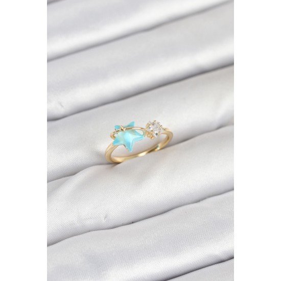 Pirinç Gold Renk Mavi Yıldızlı Model Kadın Yüzük Pirinç Gold Renk Mavi Yıldızlı Model Kadın Yüzük