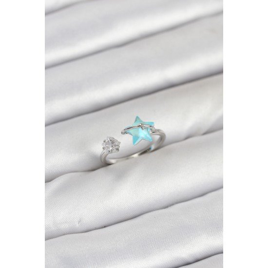 Pirinç Gümüş Renk Mavi Yıldızlı Model Kadın Yüzük