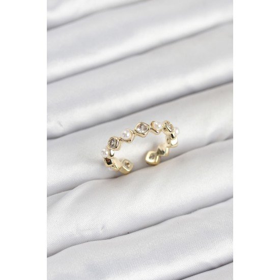 Pirinç Gold Renk Zirkon Taşlı İncili Kadın Yüzük Pirinç Gold Renk Zirkon Taşlı İncili Kadın Yüzük