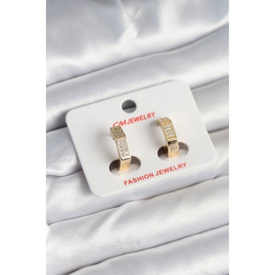 Pirinç Gold Renk Zirkon Taşlı Altıgen Kadın Küpe