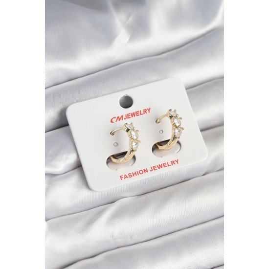 Pirinç Gold Renk Kalpli Zirkon Taşlı Kadın Küpe