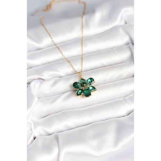 316L Çelik Zincirli Yeşil Çiçek Model Kadın Kolye