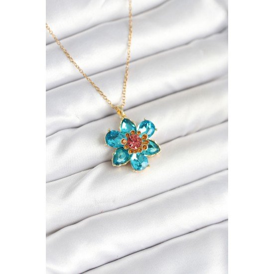 316L Çelik Zincirli Mavi Çiçek Model Kadın Kolye 316L Çelik Zincirli Mavi Çiçek Model Kadın Kolye