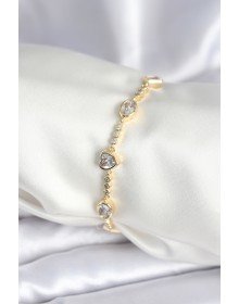 Pirinç Gold Renk Zirkon Taşlı Kalpli Model Kadın Bileklik