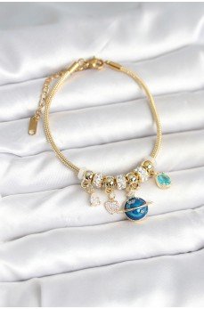 Pirinç Gold Renk Dünya Charmlı Kadın Bileklik Pirinç Gold Renk Dünya Charmlı Kadın Bileklik