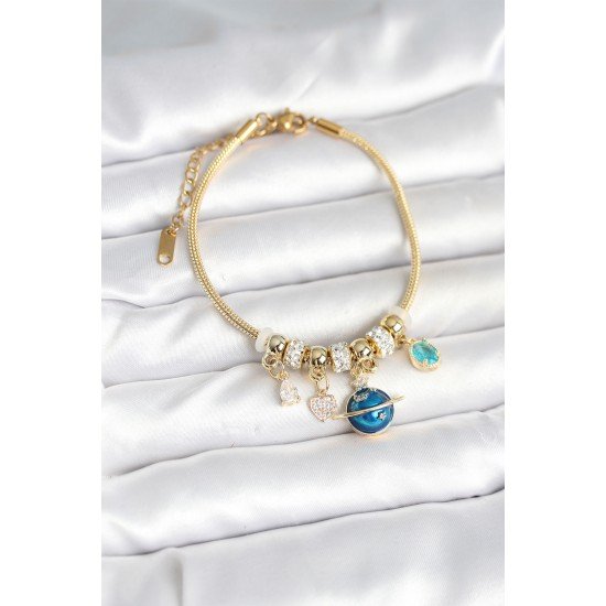 Pirinç Gold Renk Dünya Charmlı Kadın Bileklik