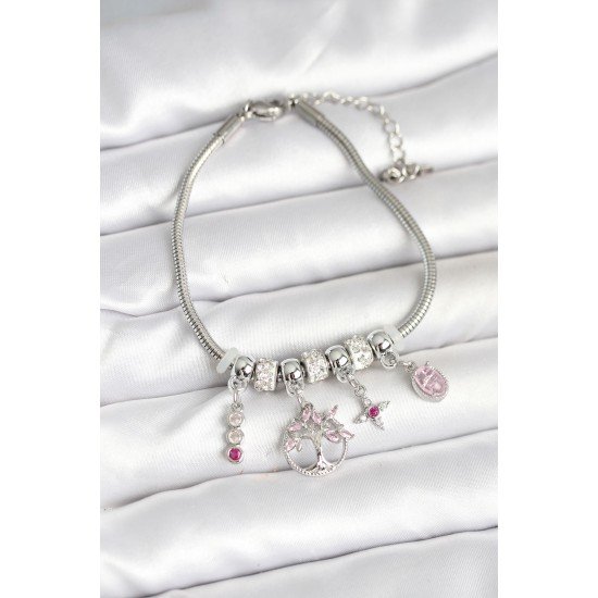 Pirinç Gümüş Renk Yaşam Ağacı Charmlı Kadın Bileklik