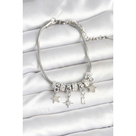 Pirinç Gümüş Renk Kutup Yıldızı Charmlı Kadın Bileklik