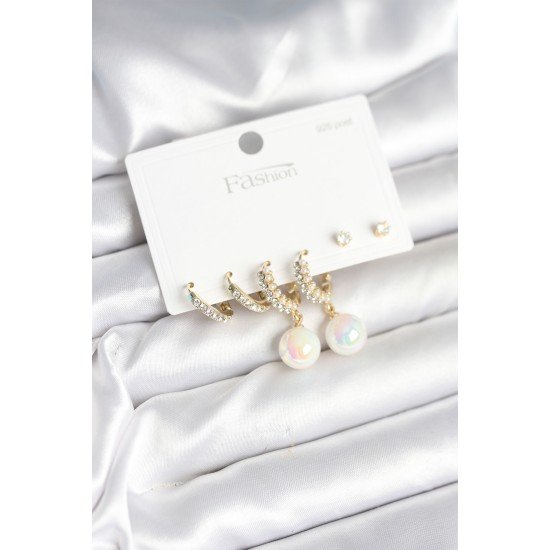 Pirinç Gold Renk İncili 925 Ayar Gümüş Çivi Kadın Küpe Seti