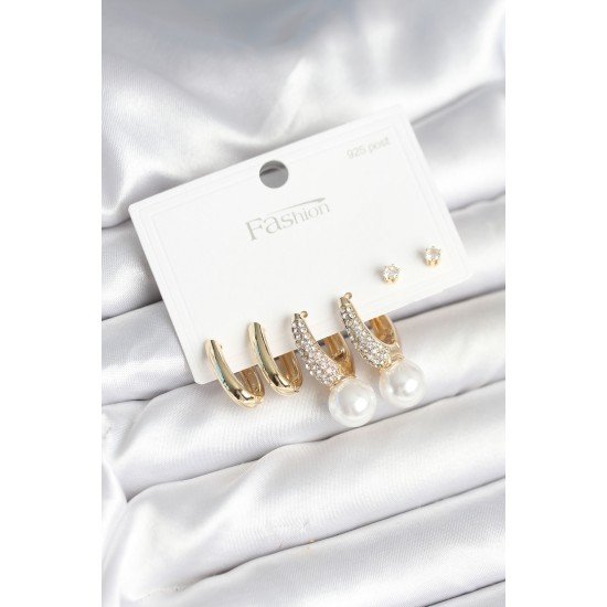 Pirinç Gold Renk Zirkon Taşlı İnci Detaylı 925 Ayar Gümüş Çivili Kadın Küpe Seti