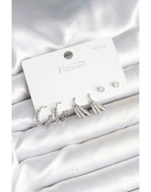 Pirinç Gümüş Renk Zirkon Taşlı 925 Gümüş Çivili Kadın Küpe Seti