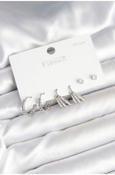 Pirinç Gümüş Renk Zirkon Taşlı 925 Gümüş Çivili Kadın Küpe Seti