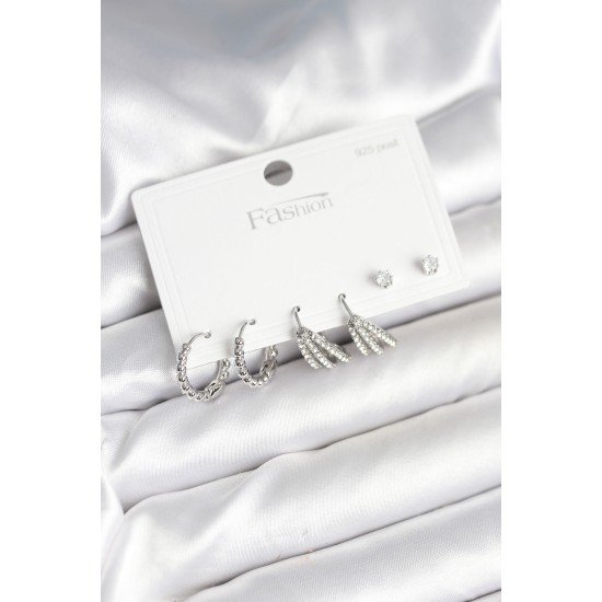 Pirinç Gümüş Renk Zirkon Taşlı 925 Gümüş Çivili Kadın Küpe Seti Pirinç Gümüş Renk Zirkon Taşlı 925 Gümüş Çivili Kadın Küpe Seti